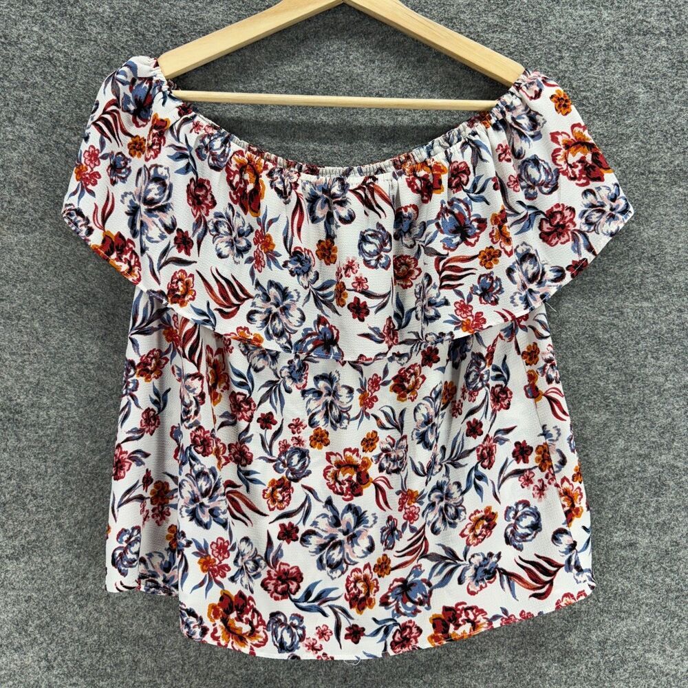 Cooper & Ella Blouse Women M Medium White Floral Short Sleeve Round Neck Casual